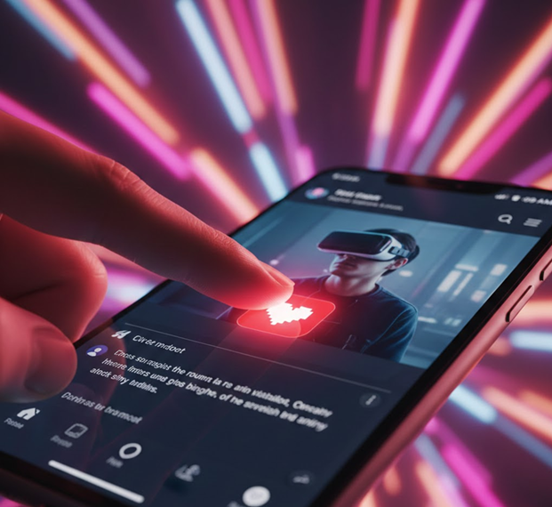 A finger hovering over a social media heart icon with neon light effects