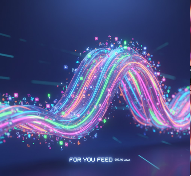 An abstract, glowing neon wave made of pink and green light trails, carrying small social media icons like hearts and play buttons, representing viral growth on a digital feeds